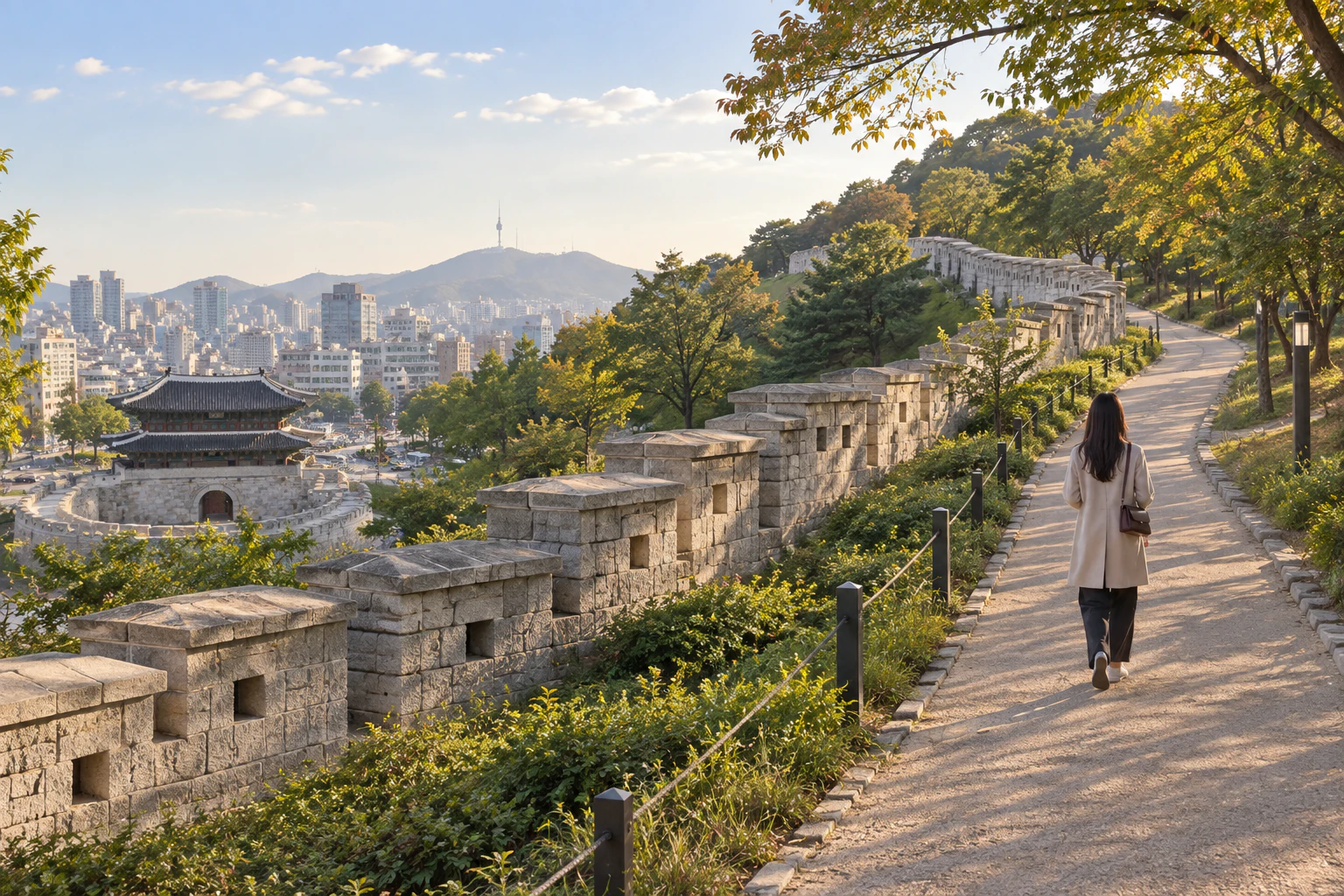 午後遅く、石の城壁の脇の上り坂を歩いていく若い女性の後ろ姿の遠景。編集画像。
