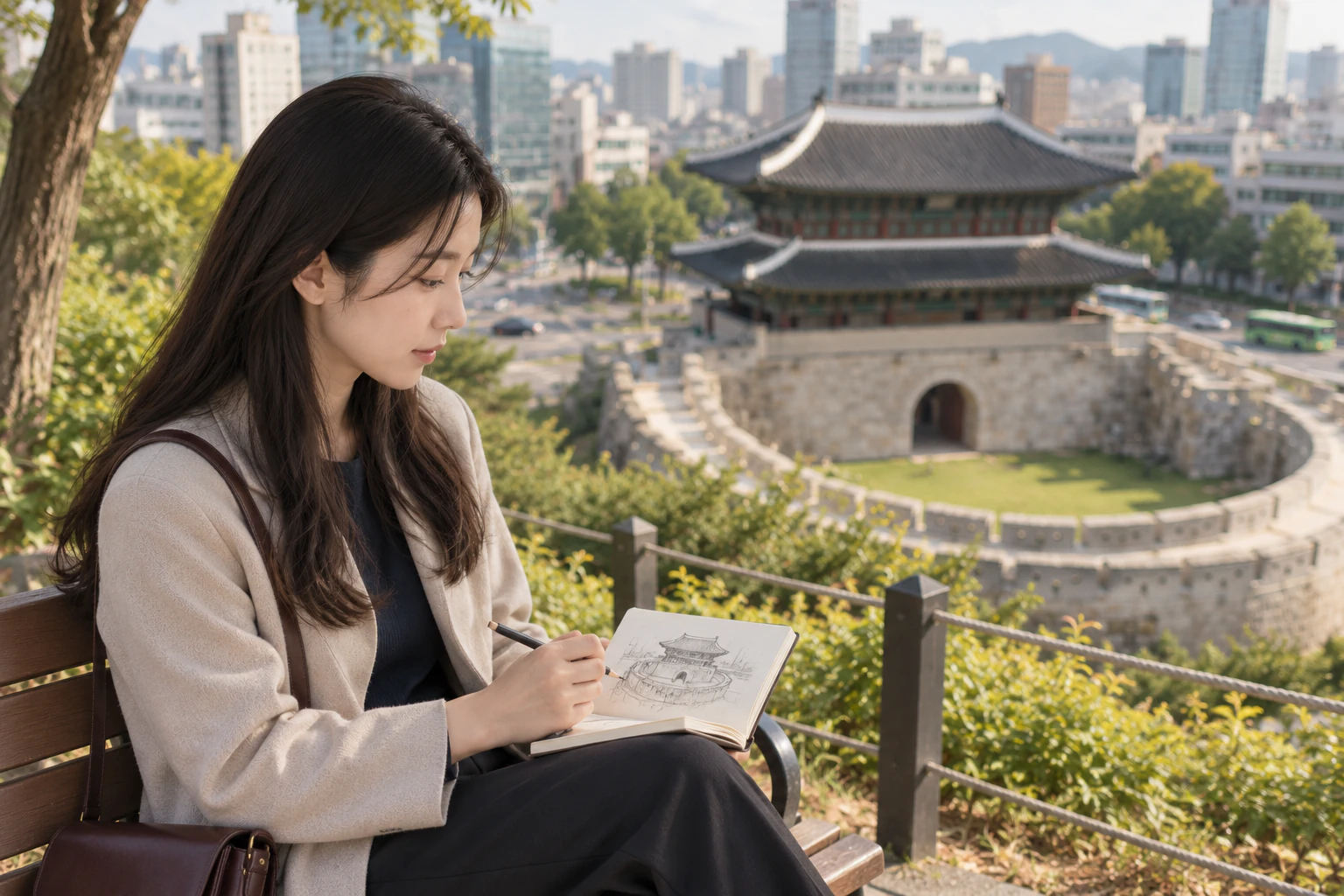 ベンチに座り、小さな手帳に半円を描く若い女性。編集画像。
