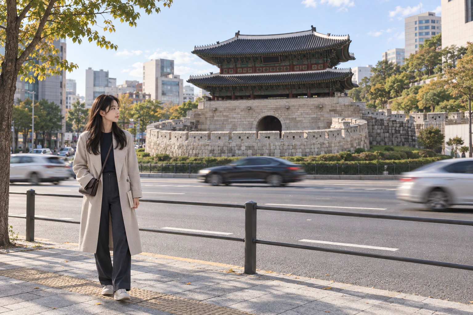 道の向かいの歩道に立ち、道路の中央の城門を眺める若い女性の全身。編集画像。