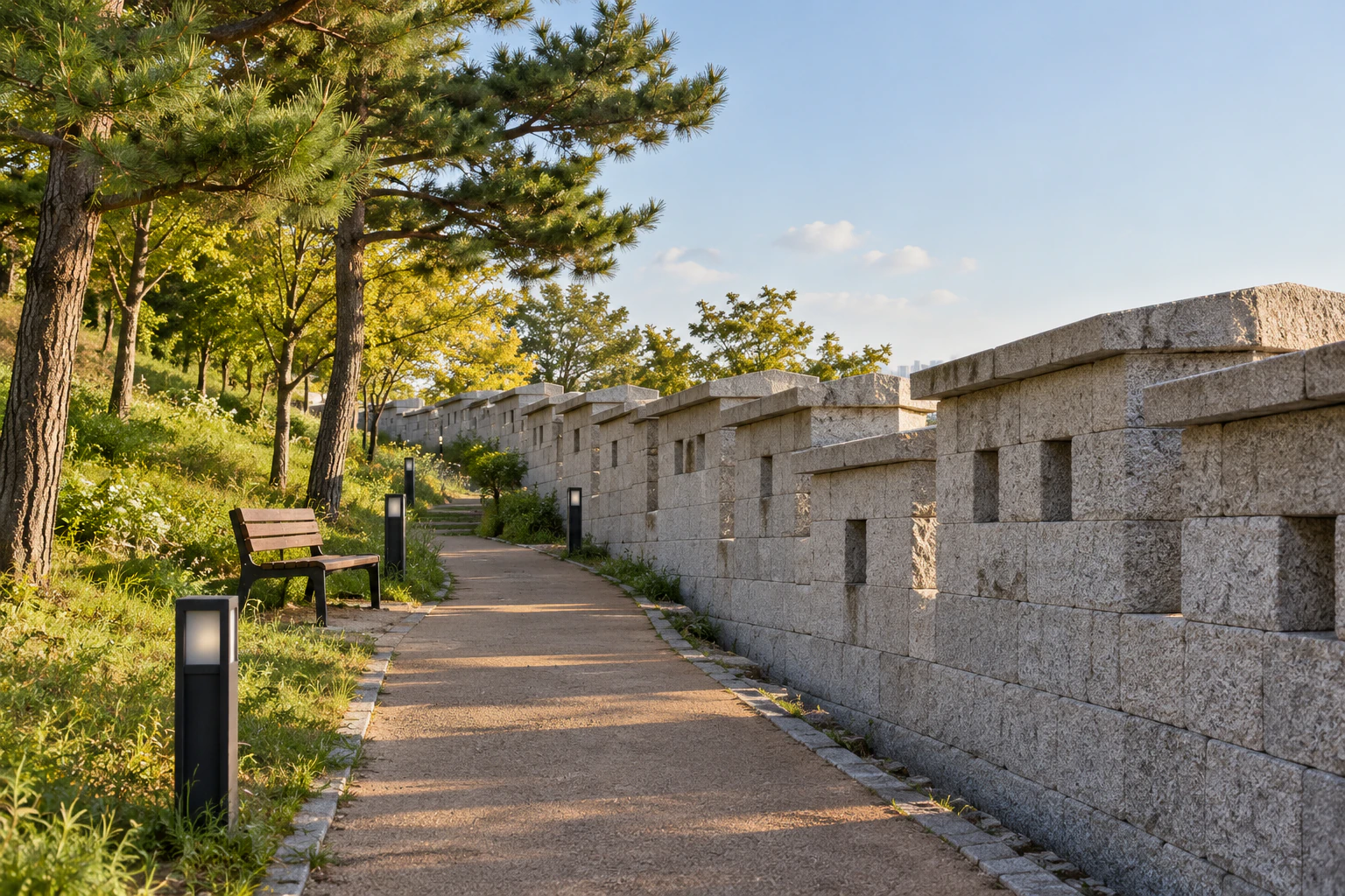 성벽 안쪽 여장을 따라 난 공원 산책로와 소나무, 벤치. 무인. 편집 이미지.
