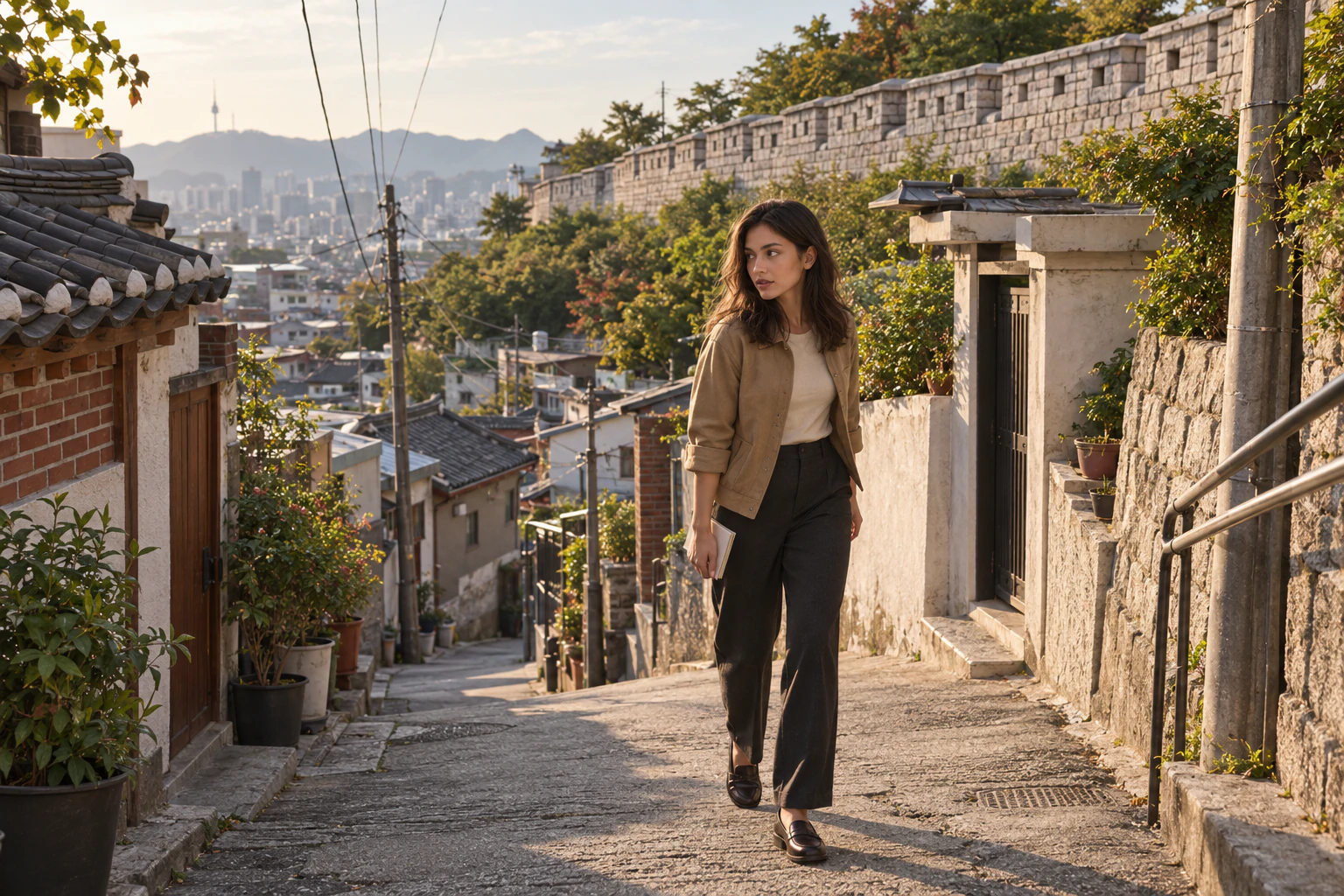 A young woman with long brown waves walking up a sloping city lane. Editorial image.