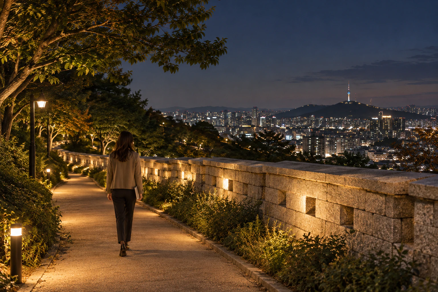 Distant view from behind of a young woman walking along a lit path beside a stone wall at night. Editorial image.