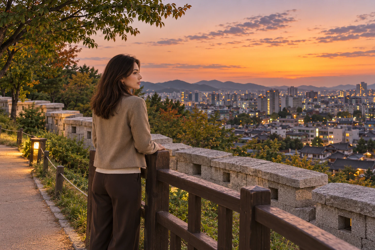 A young woman seen from behind at a railing at dusk, watching a city light up. Editorial image.
