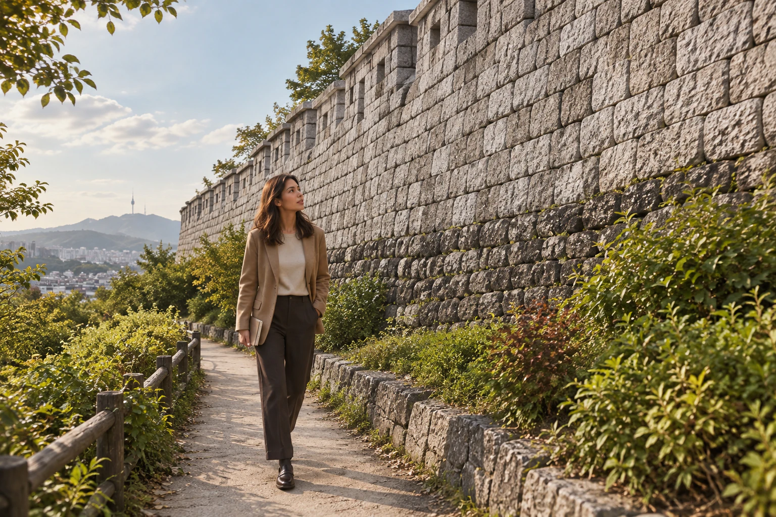 A young woman walking beneath a tall stone wall, looking up at it. Editorial image.