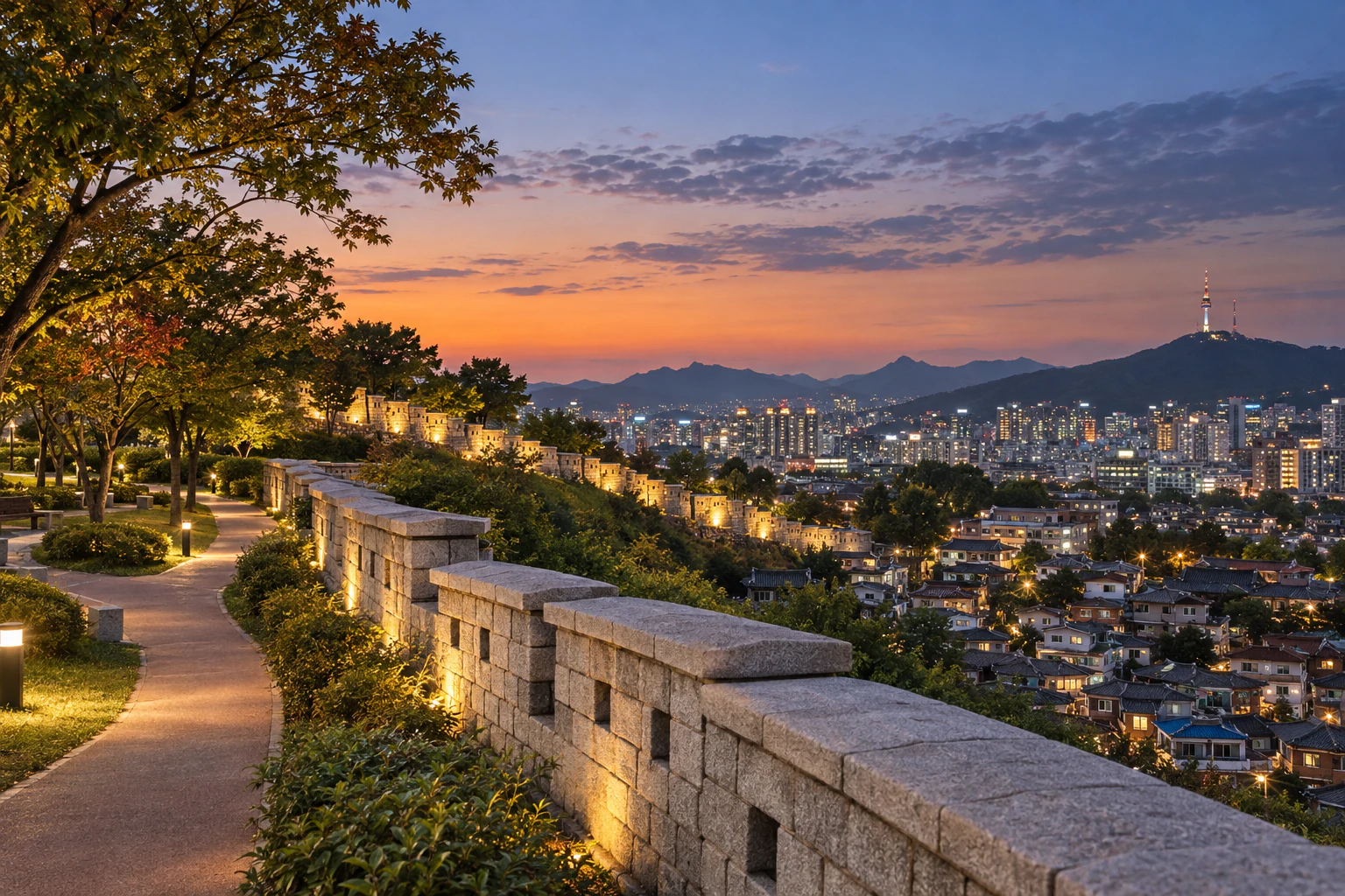 A stone city wall following a hill ridge at dusk, with a city beginning to light up below. No people. Editorial image.