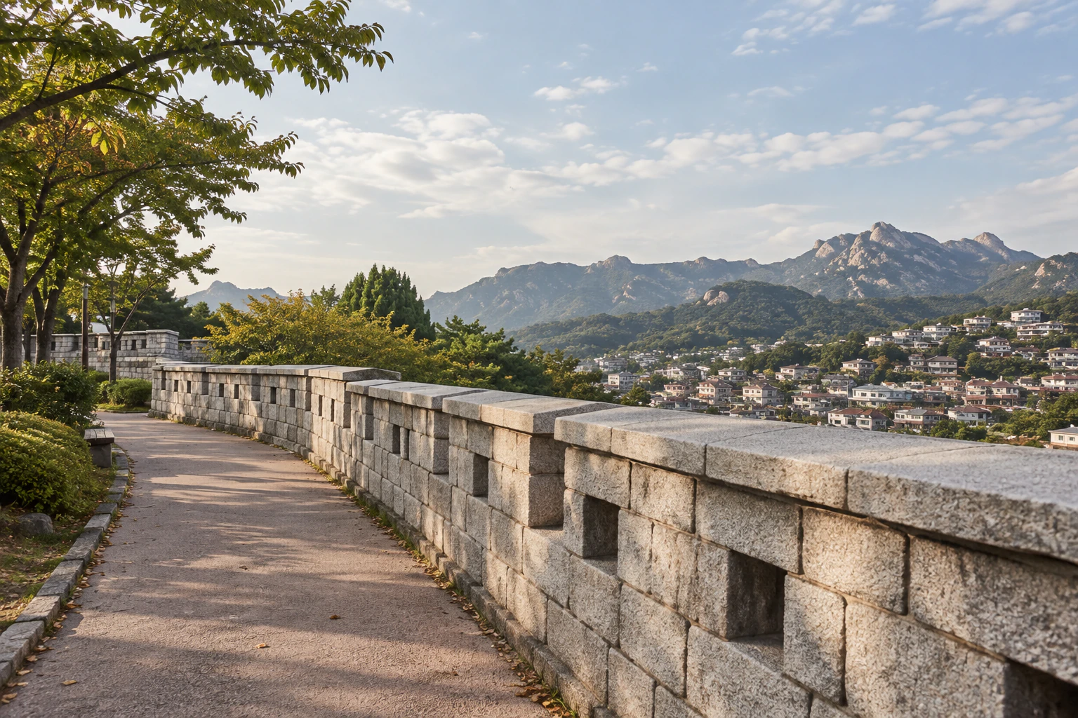 A park path beside a low stone parapet, with a city beyond. No people. Editorial image.