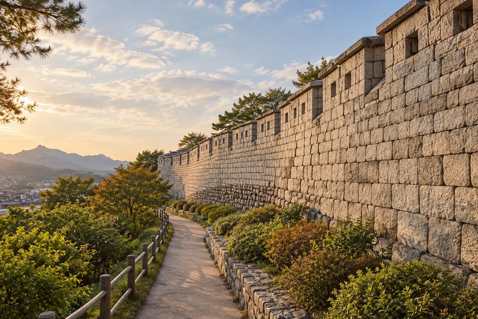 The tall outer face of a stone wall rising above a path. No people. Editorial image.
