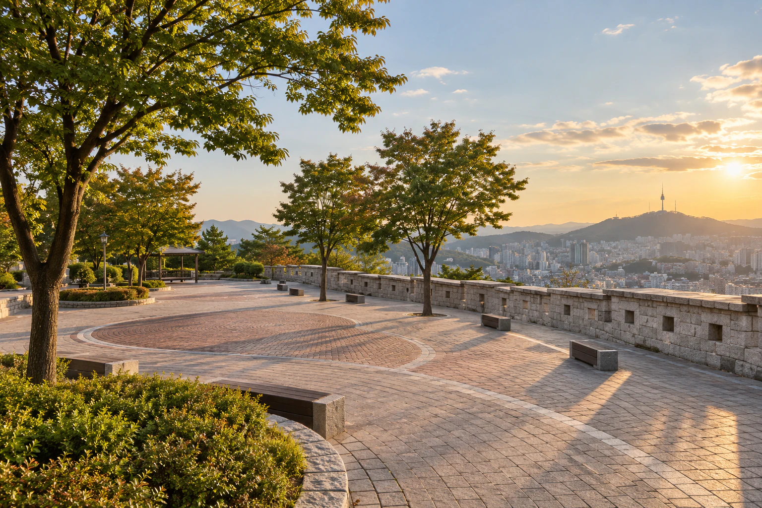 A broad paved plaza with trees on a hilltop park, with a stone wall along one side. No people. Editorial image.