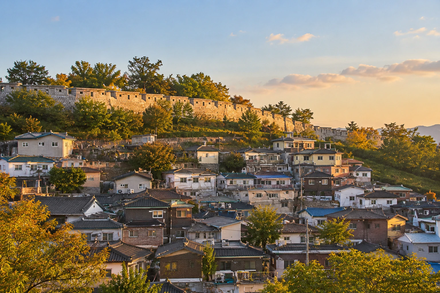 Roofs of small houses gathered below a stone wall on a hill. No people. Editorial image.