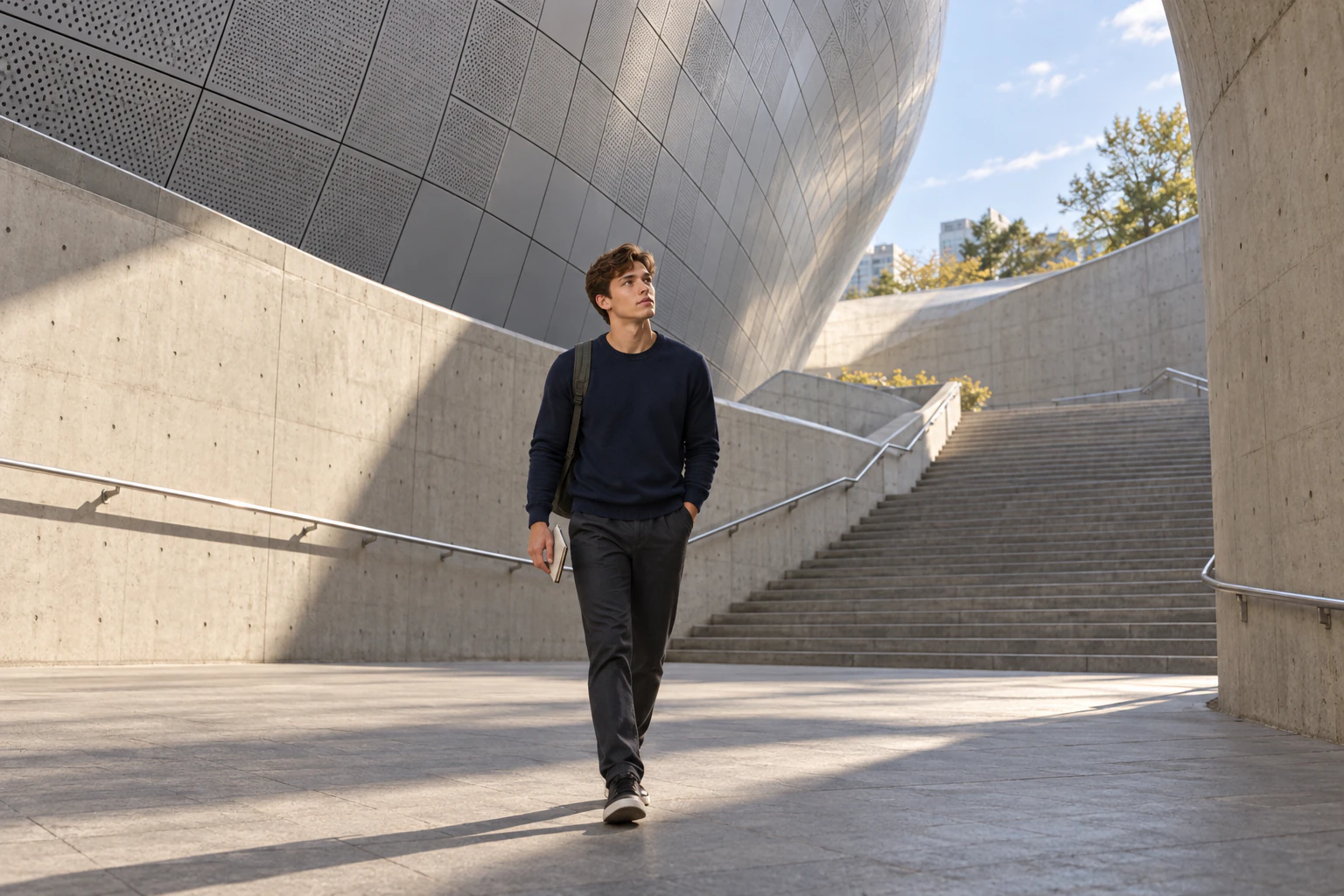 A young man in a navy sweater walking out into a sunken plaza, looking up at walls that curve overhead. Editorial image.