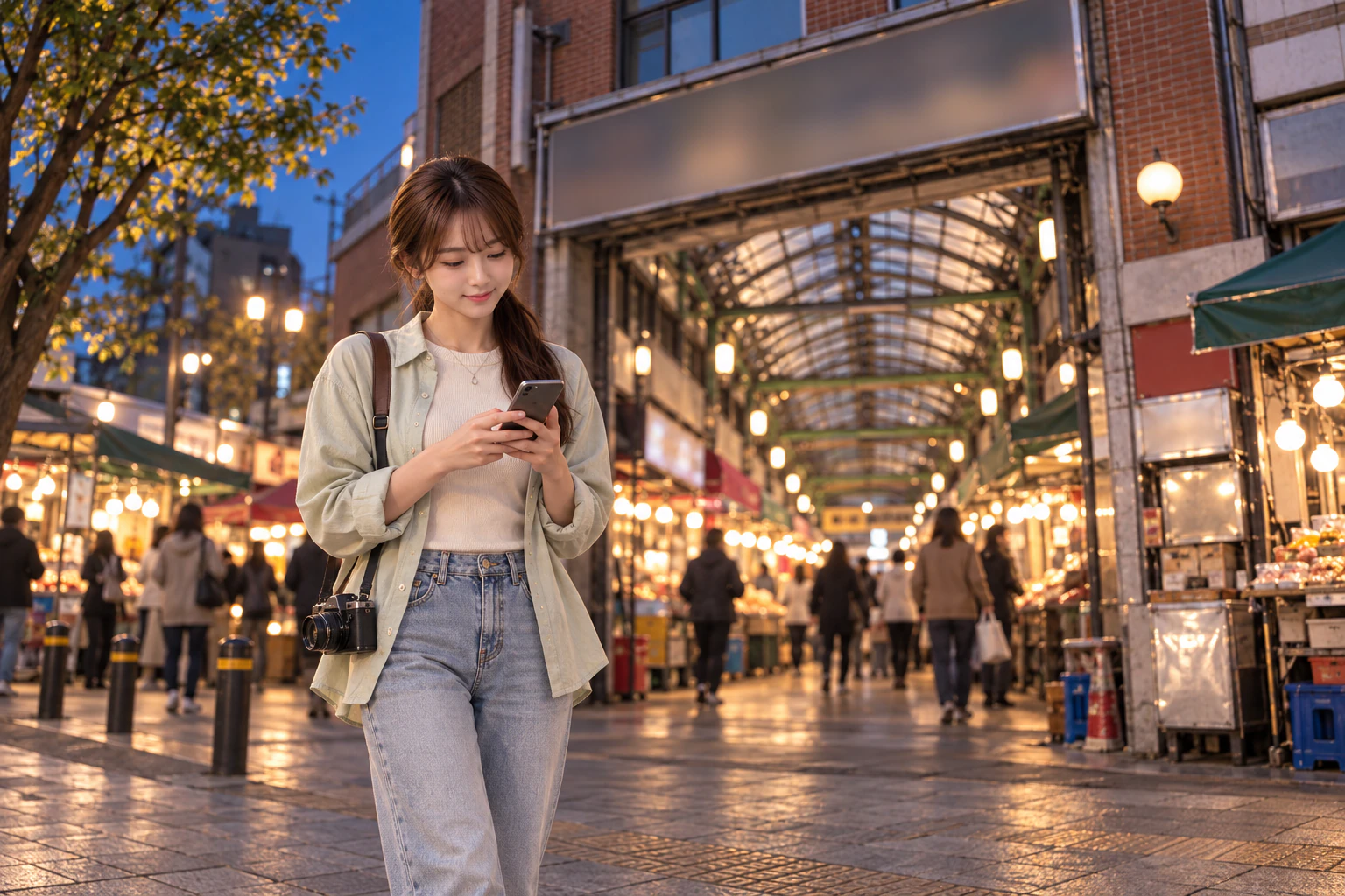 A young woman on the pavement outside a lit market entrance at dusk, typing a message on her phone. Editorial image.