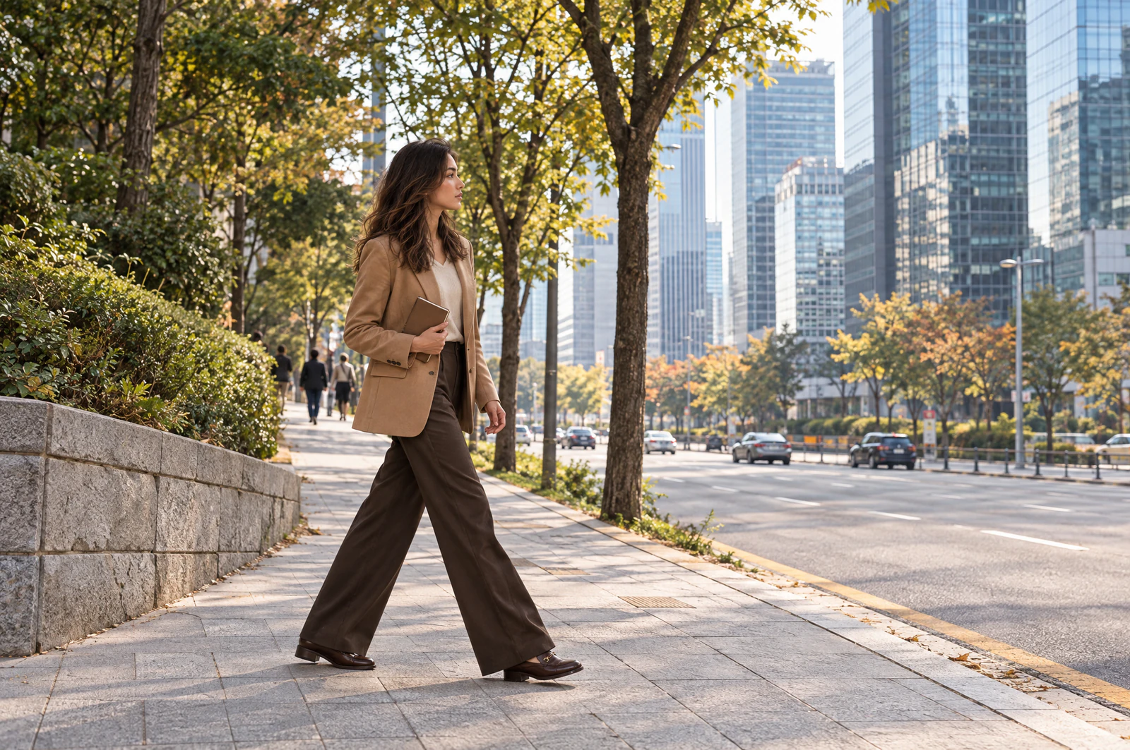 A woman with long wavy brown hair in a camel blazer walks up a sloping pavement beside a main road, looking across at the buildings. Editorial image.