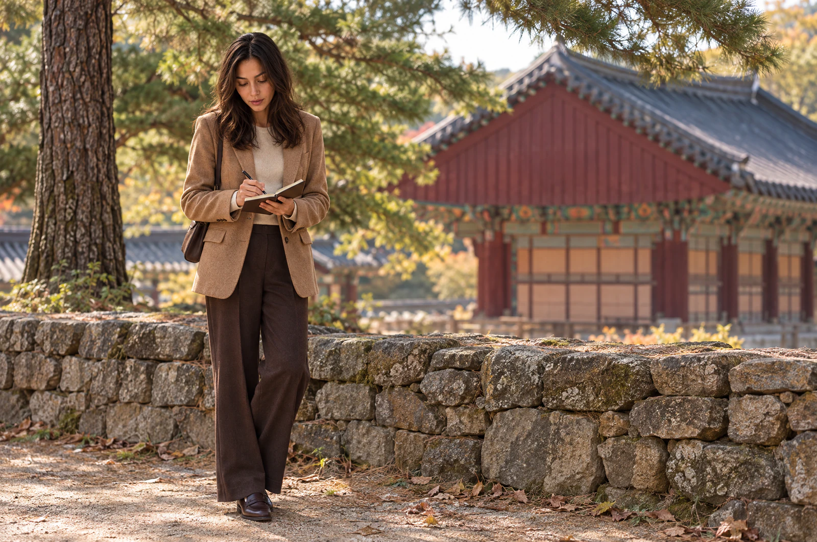 A woman standing by a low stone wall in temple grounds, writing in a small notebook. Editorial image.