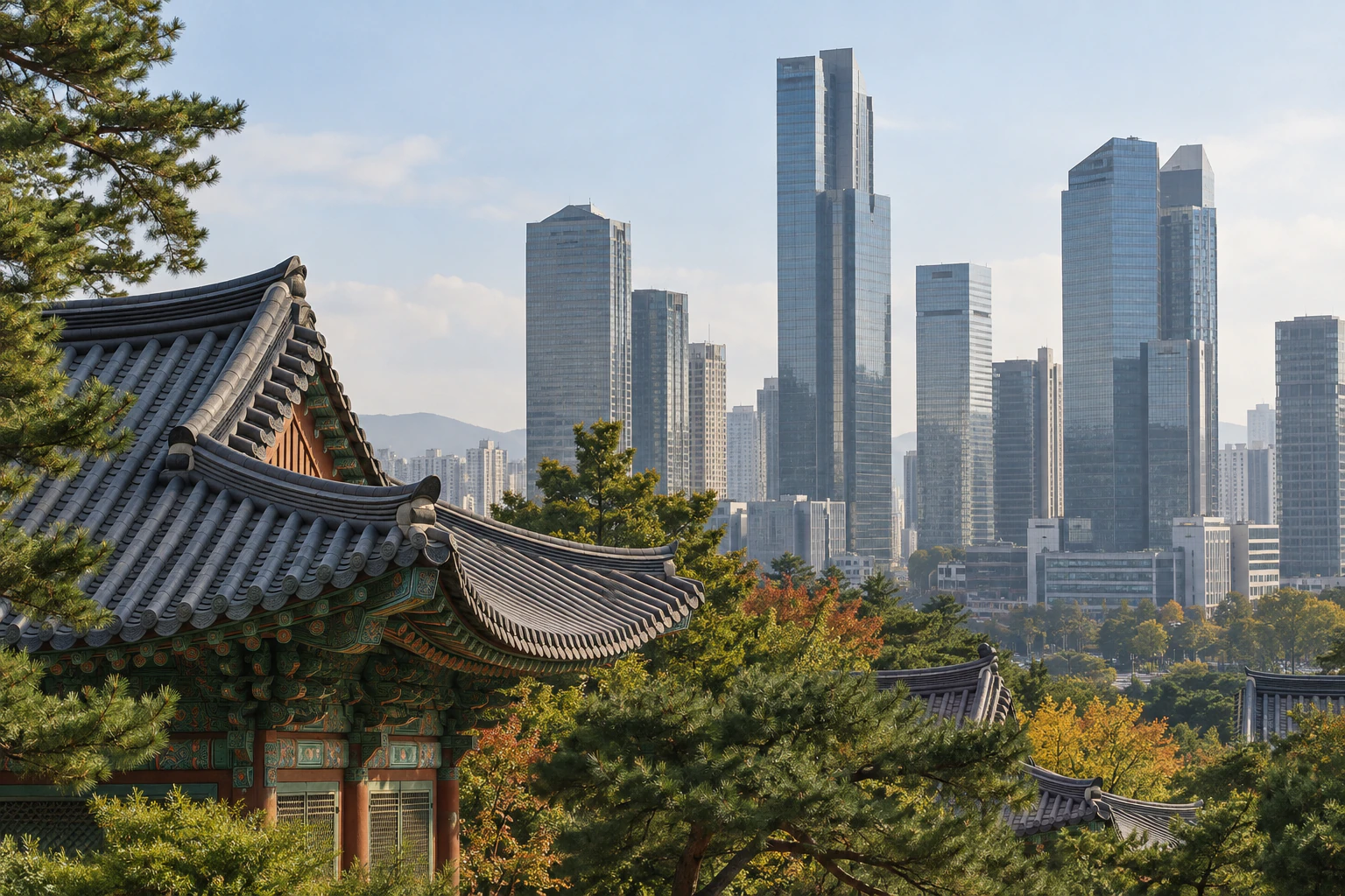 The ridge and eaves of a Korean temple’s tiled roof in the foreground, with tall glass towers behind. No people. No lettering. Editorial image.