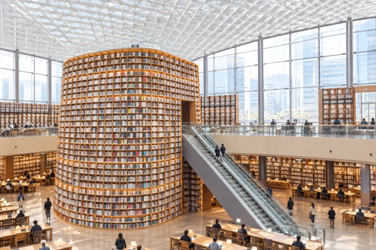 Starfield Library: Choosing the Tall-Shelf Scene Again, on Foot — Maya Walks In from Samseong Station Without Ever Going Up to Street Level, and Chooses Again, over Two Floors, the Scene of Towering Bookshelves She Once Saved from a Screen