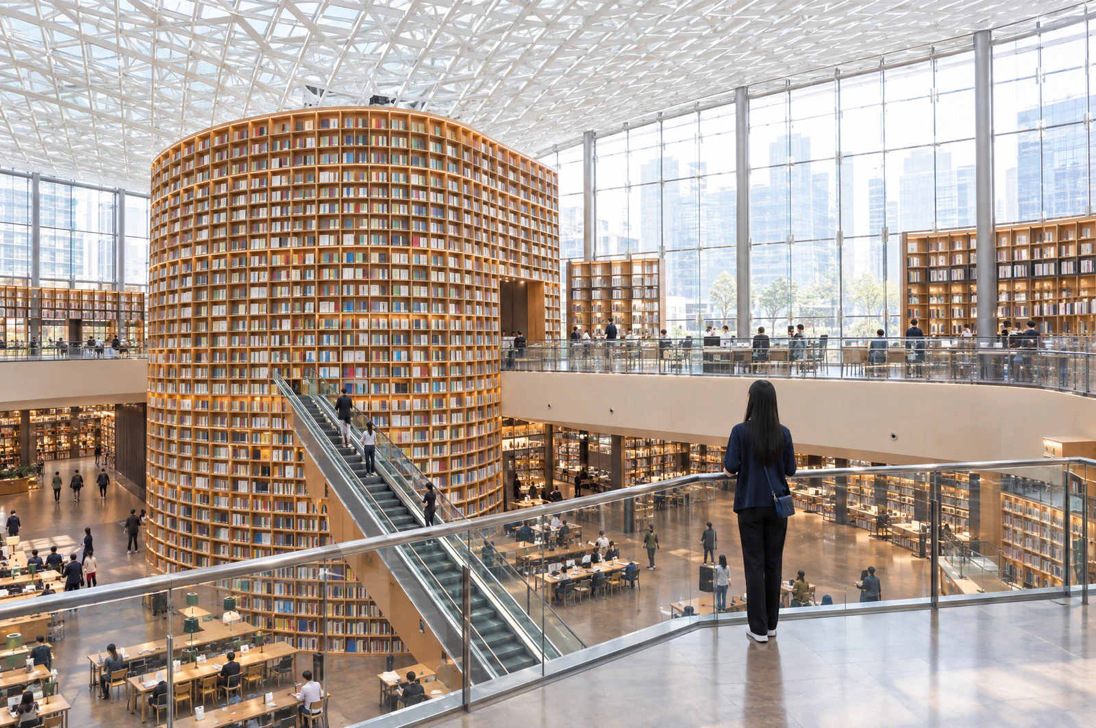 A wide indoor view with a small woman seen from behind at the end of an upper floor, facing enormous bookshelves. Editorial image.