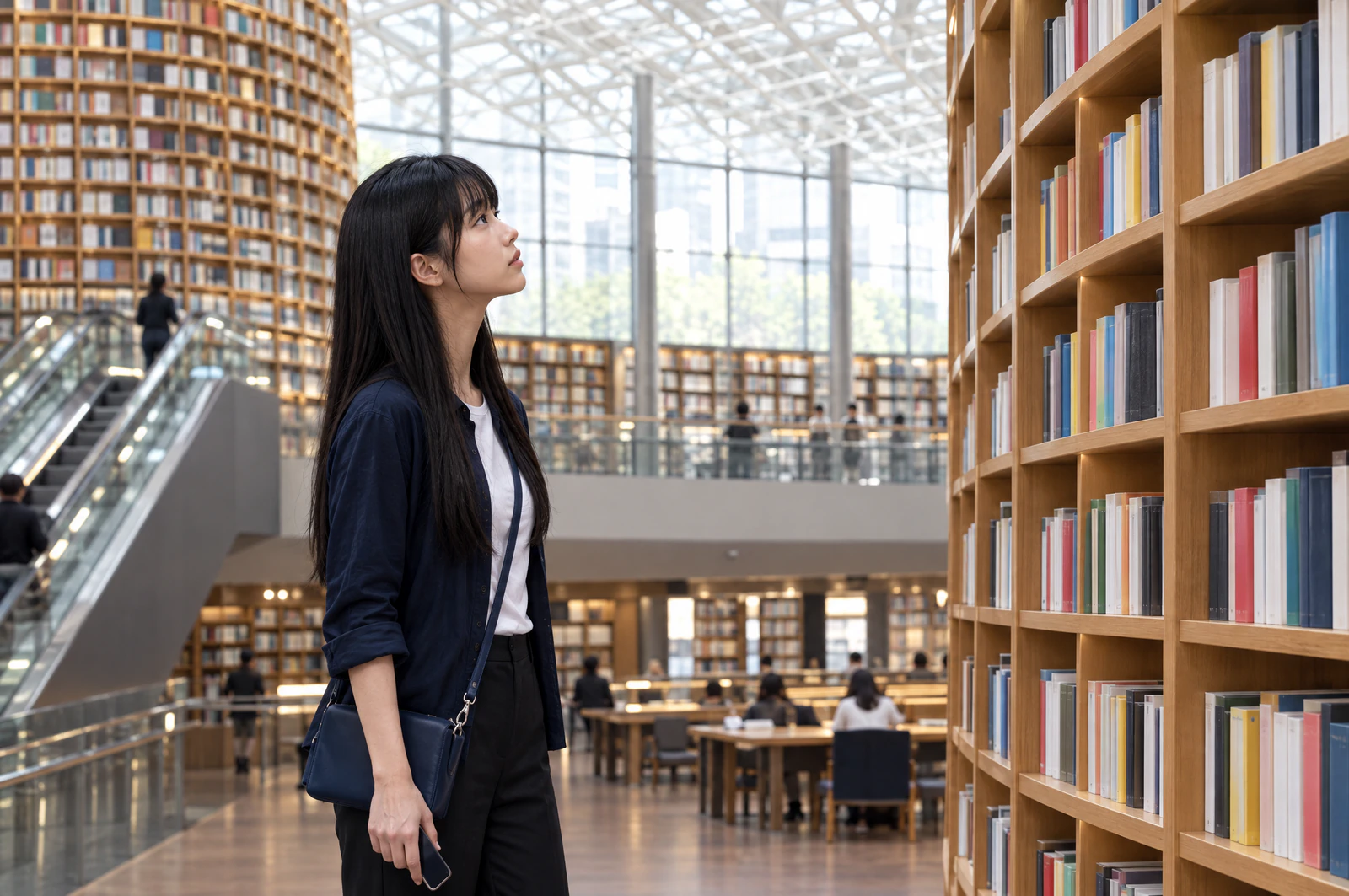 Waist-up side view of a woman looking up at tall bookshelves. Editorial image.