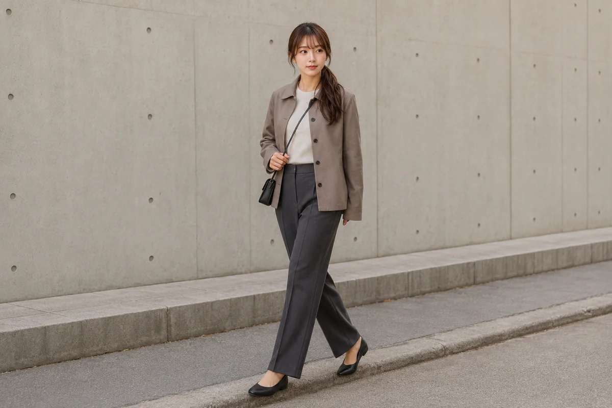 토프 구조 재킷과 화이트 베이스, 차콜 팬츠를 입은 루루가 작은 블랙 크로스백과 블랙 플랫 차림으로 콘크리트 거리를 걷는다.