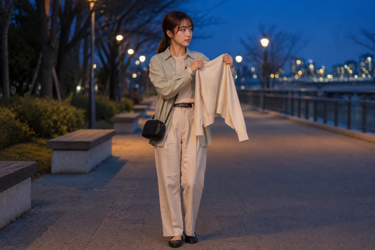 블루아워의 산책로에서 루루가 라이트 세이지 재킷 차림으로 크림 미들 레이어를 두 손에 들고 있다.