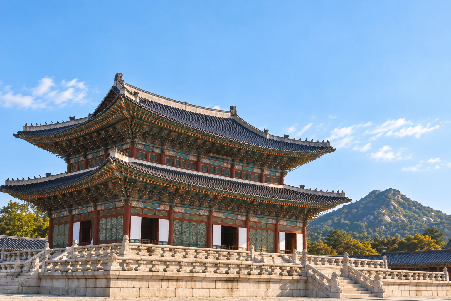殿閣雙層屋頂後方的山與天空。編輯圖片。