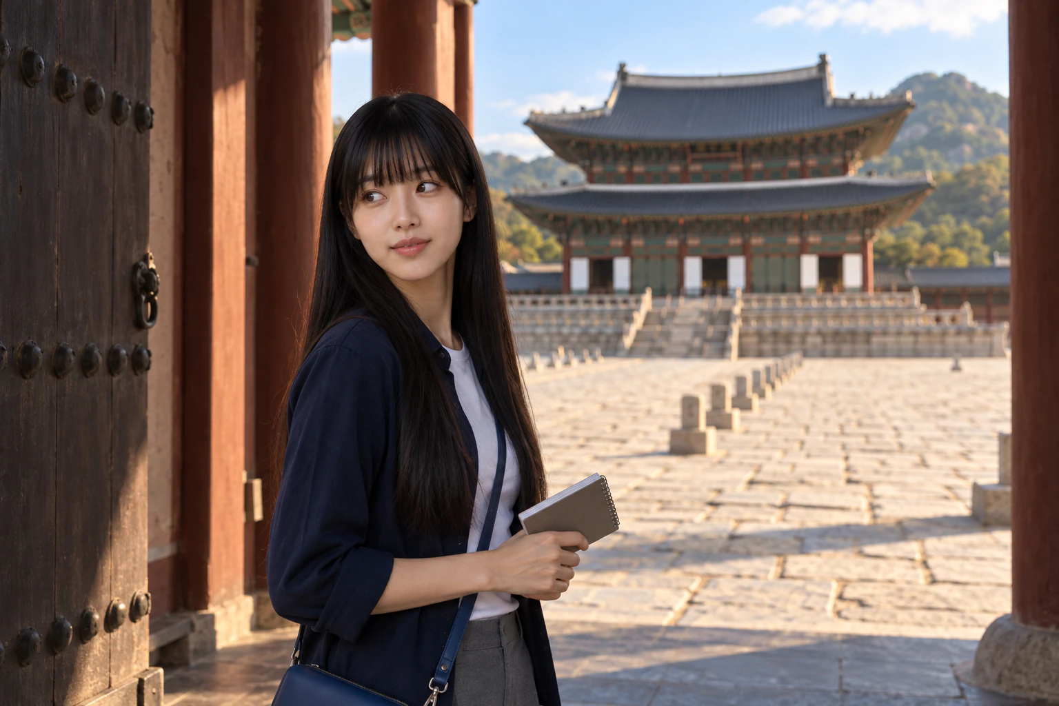 走出宮門時回頭的年輕女子正面、腰部以上，帶著淺淺的微笑。編輯圖片。