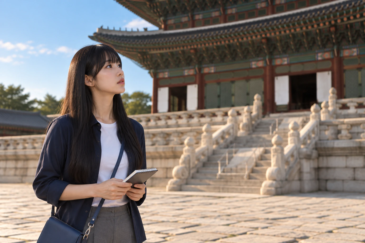 在石階下仰望殿閣的年輕女子正面四分之三側、腰部以上。編輯圖片。