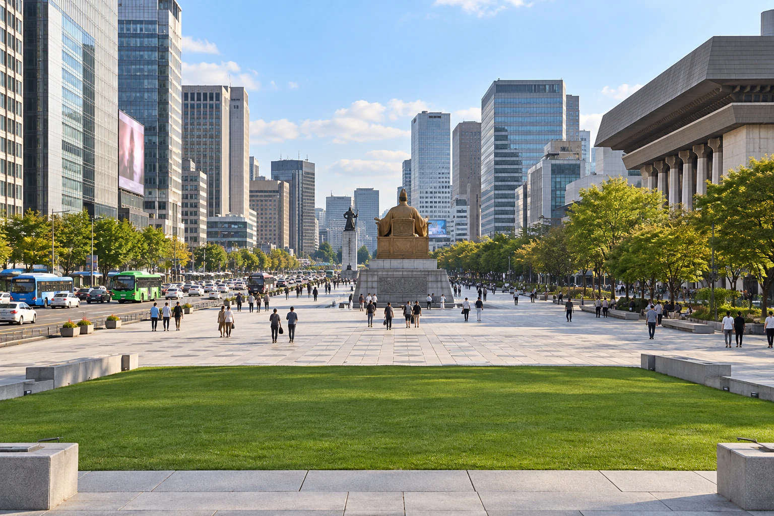 Looking south from the lawn in front of a palace gate: the back of a golden seated statue, a tall standing statue beyond it, the long square with visitors, traffic on the left, a colonnaded hall on the right, high-rise towers at the far end. Editorial image.