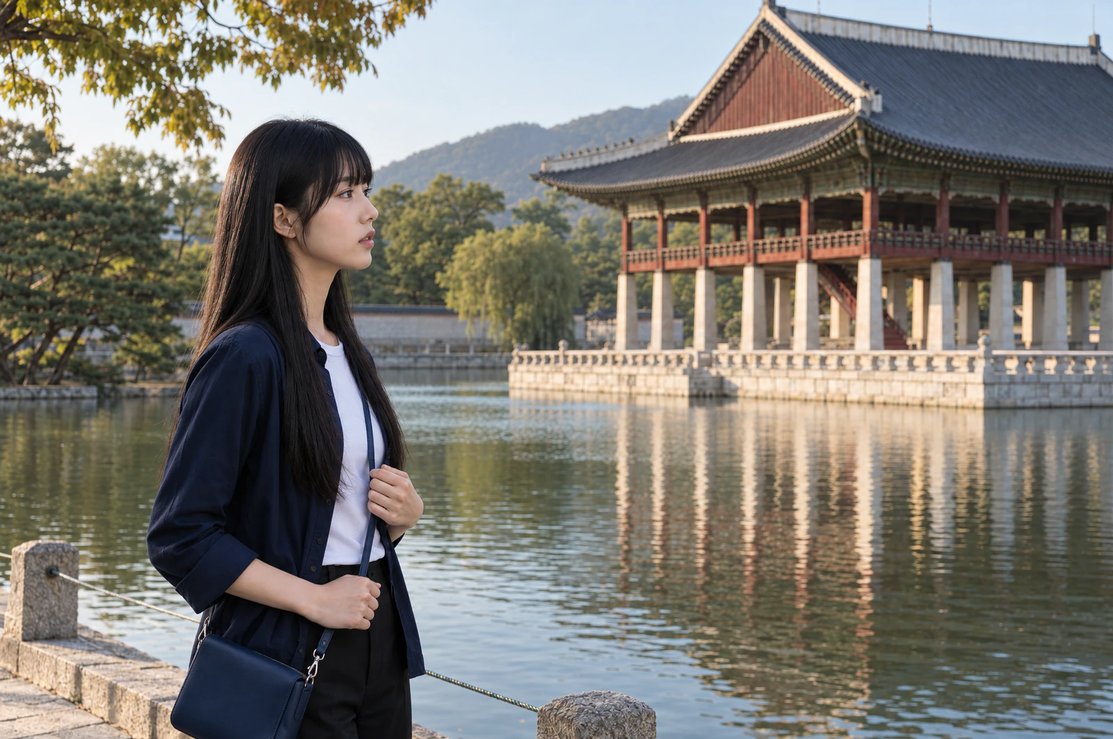 A young woman in profile from the waist up at the edge of a pond, looking at a pavilion opposite. Editorial image.