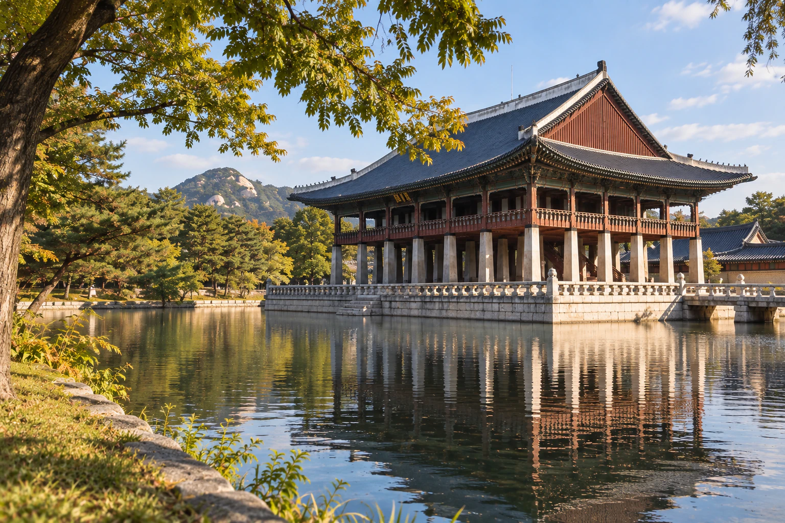 A pavilion and water seen at an oblique angle, its columns overlapping. Editorial image.