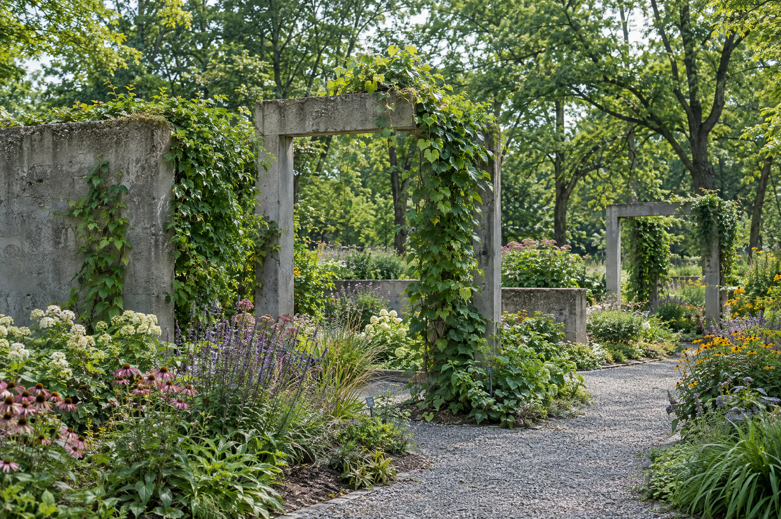 A garden where colourful flowers and climbing plants grow between the frames and walls of an old structure. No people. Editorial image.