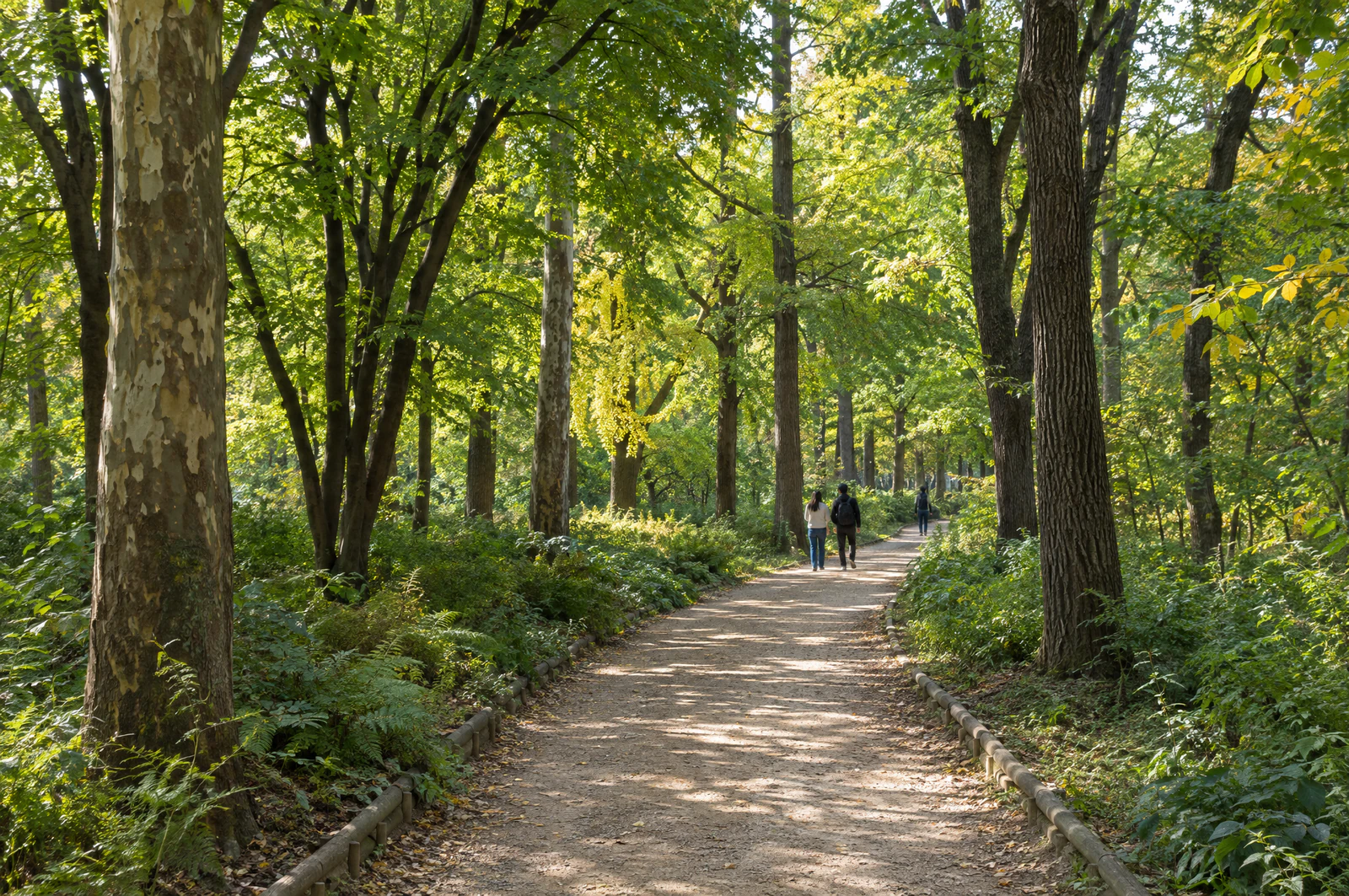 A broad paved park path lined on both sides with tall trees and low shrubs. No people. No lettering. Editorial image.