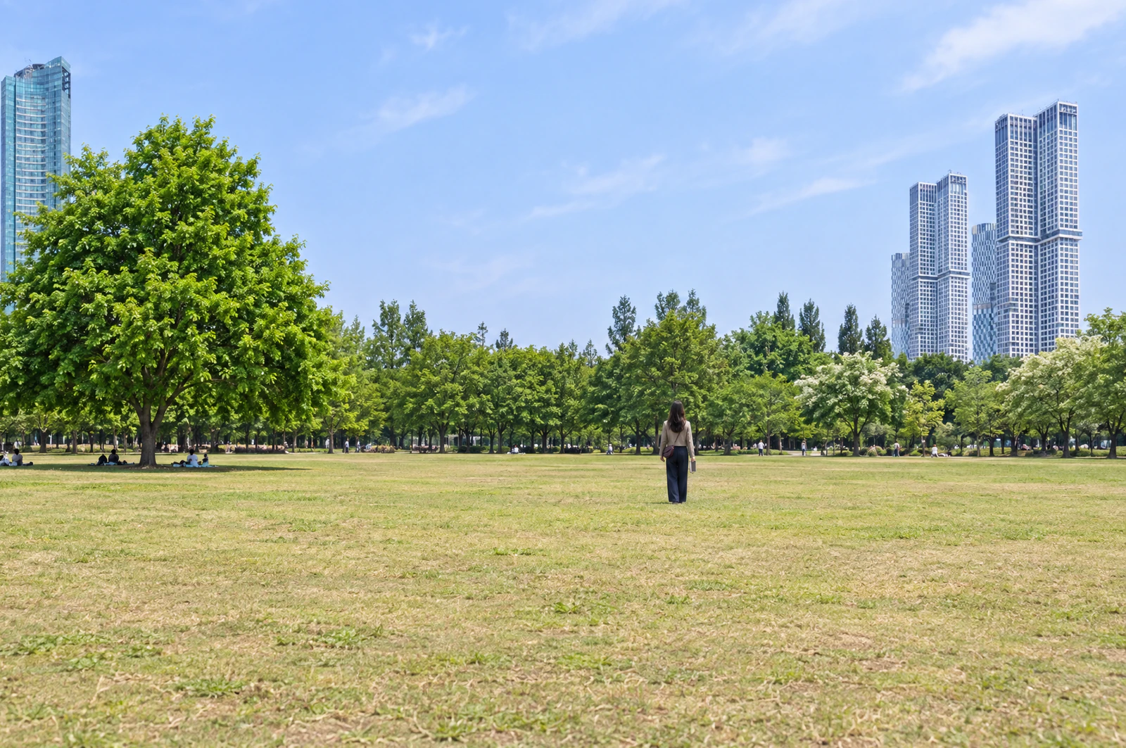 A woman standing small at the edge of a wide lawn, with trees stretching into the distance. Editorial image.