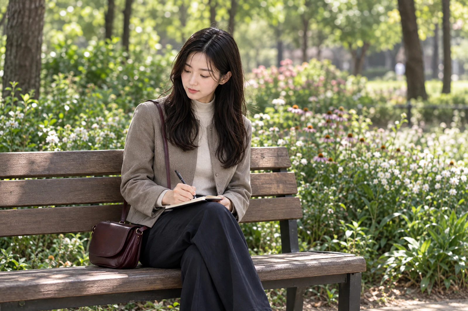 A woman sitting on a park bench, writing in a small notebook. Editorial image.