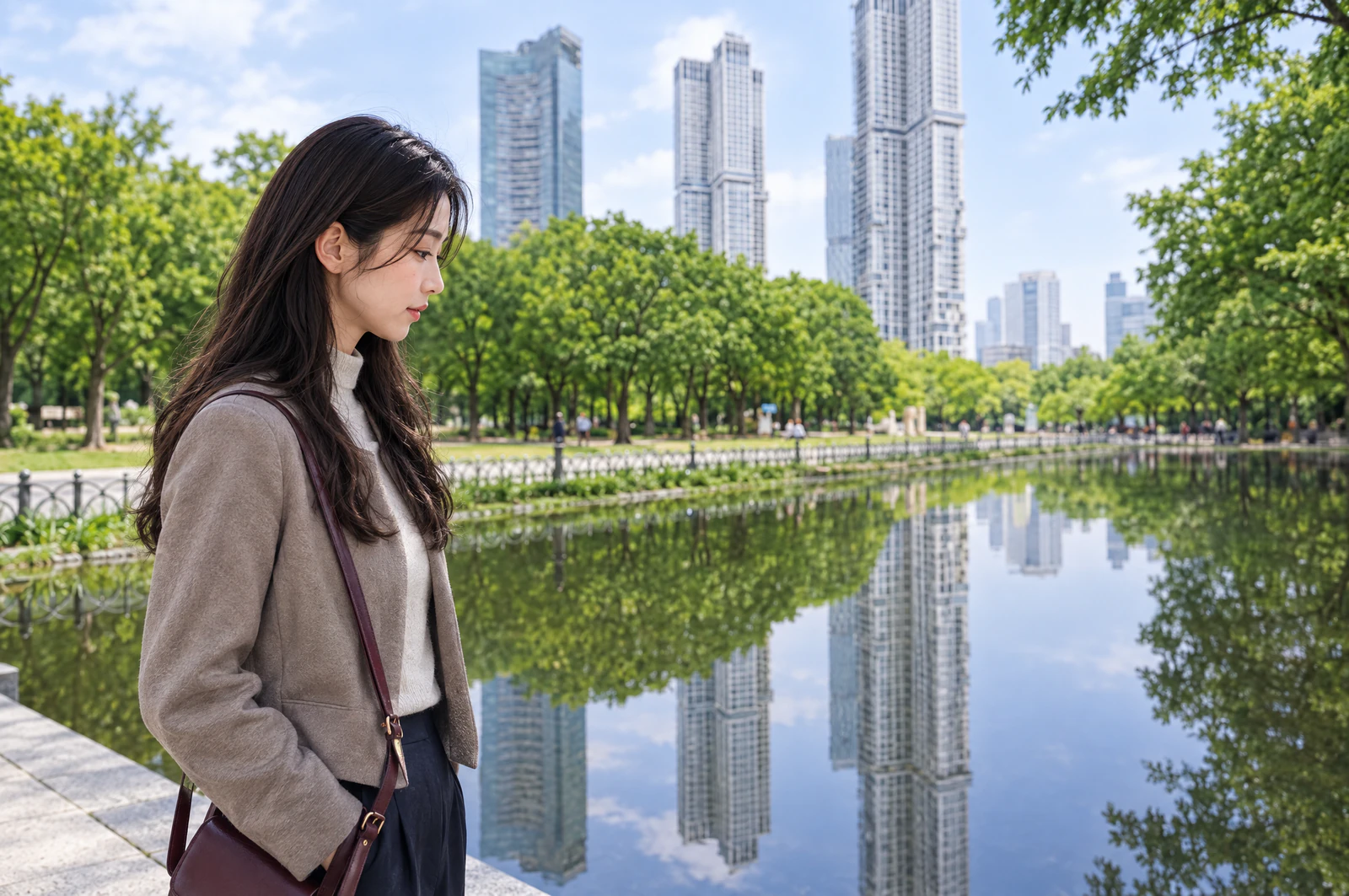 Waist-up side view of a woman at the edge of a shallow pond, with trees reflected on the water. Editorial image.