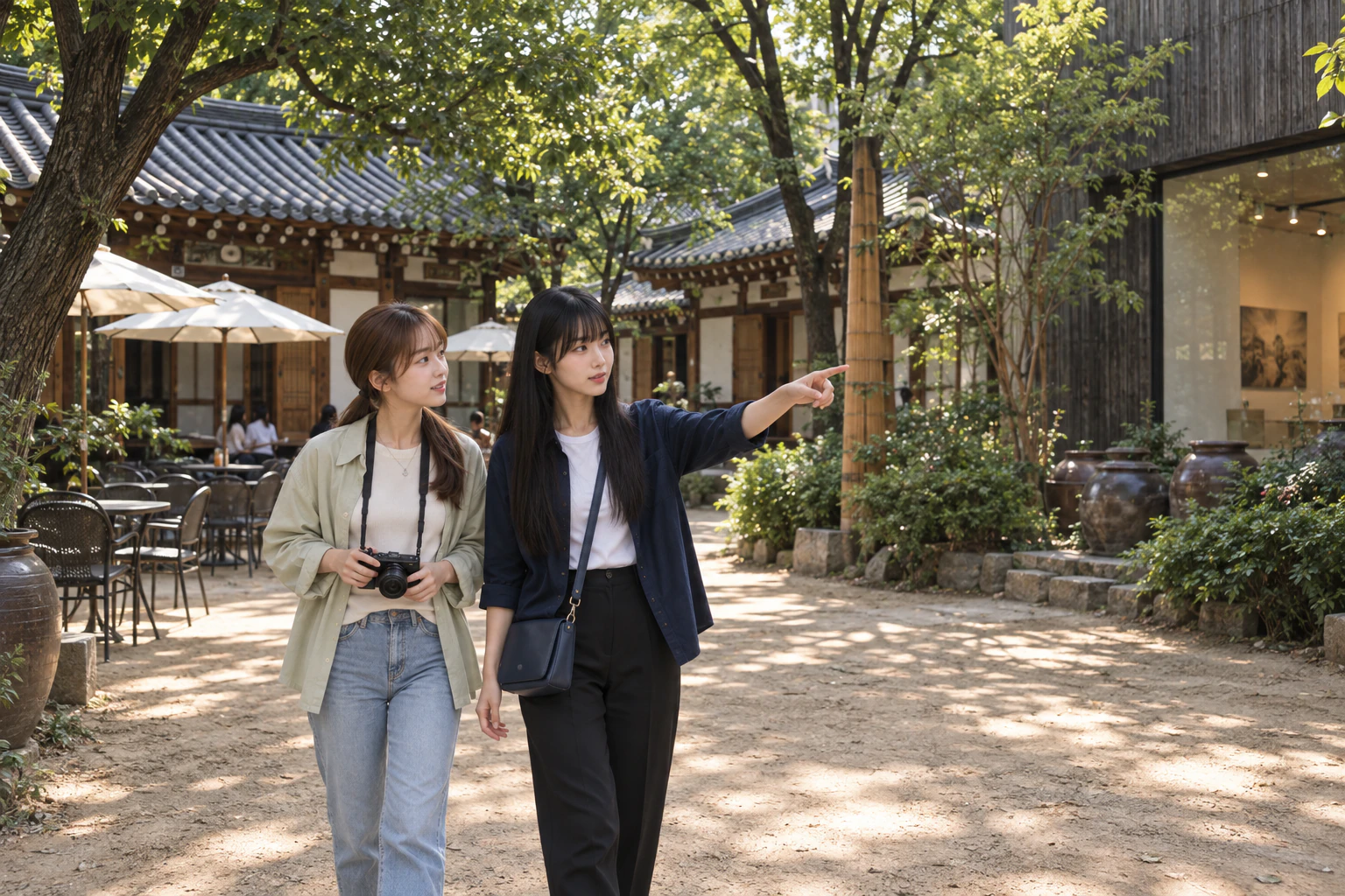 나무 그늘이 드리운 흙 마당을 걷는 루루와 마야