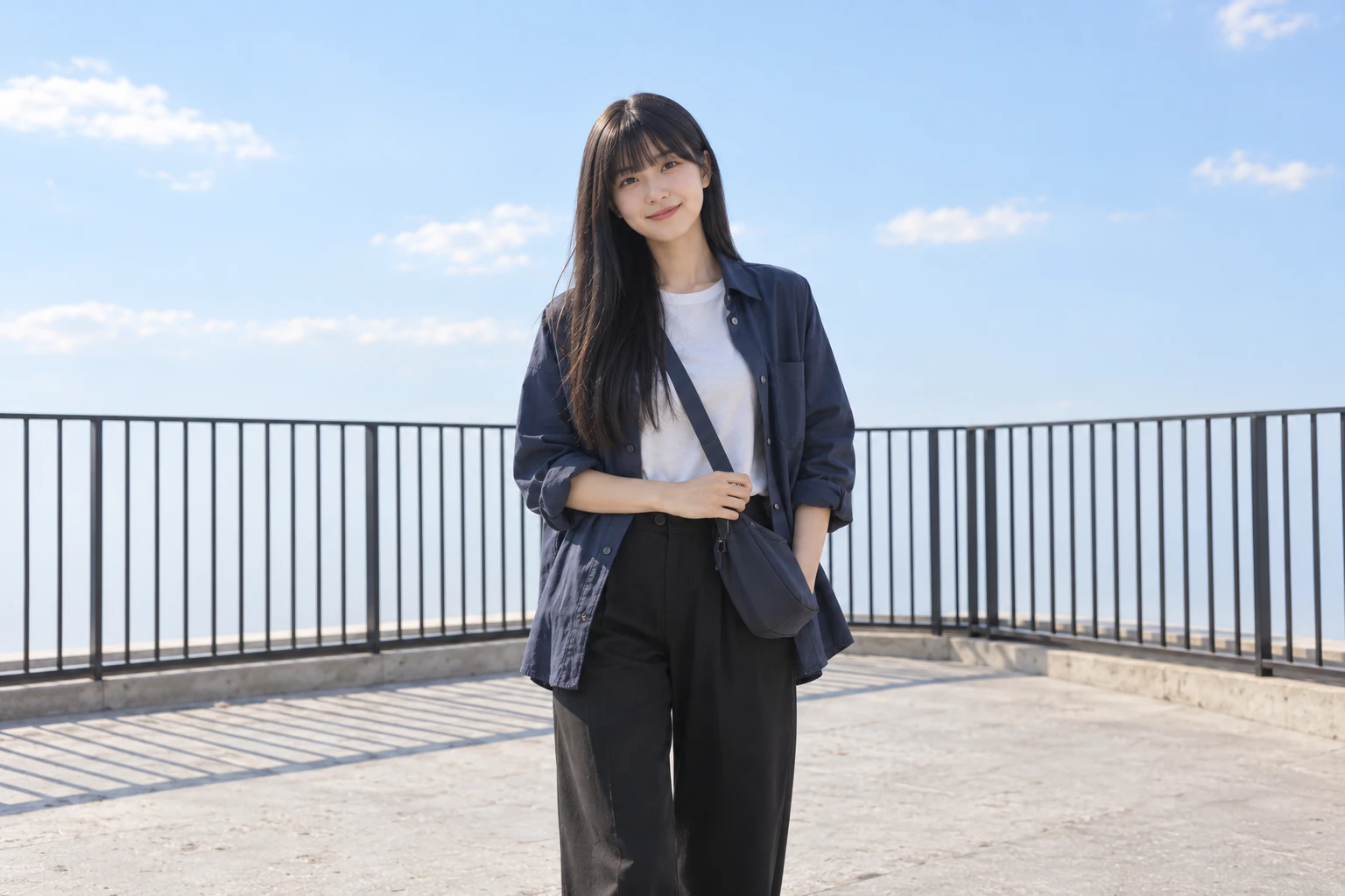 在最上層的廣場離欄杆稍遠、面向相機的長黑髮年輕女性。編輯示意圖。