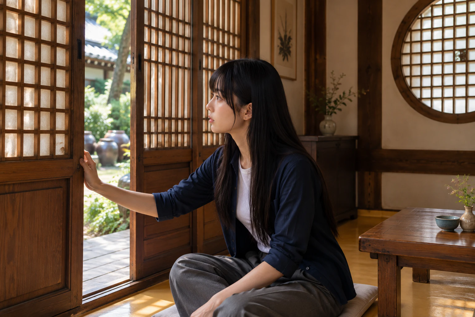 A young woman in profile inside a hanok room, pushing a sliding door sideways, long straight black hair, white tee under a navy overshirt. Editorial image.