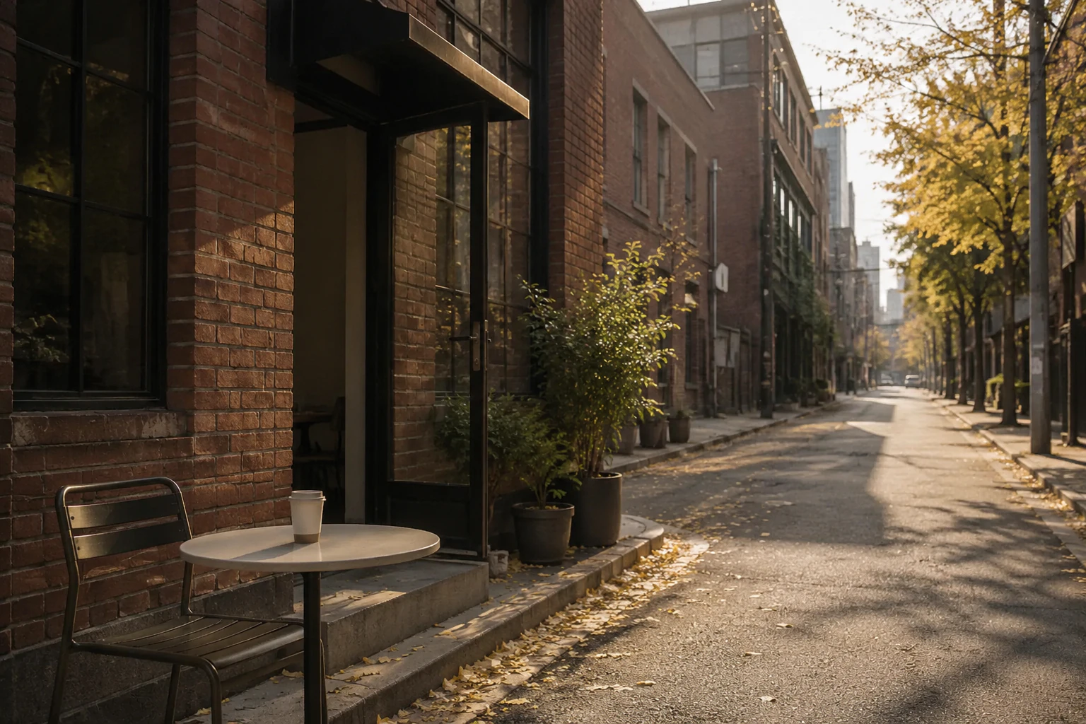A quiet brick-fronted cafe street in Seongsu on an early autumn morning, a single takeaway coffee on an outdoor table, the street receding into low sunlight