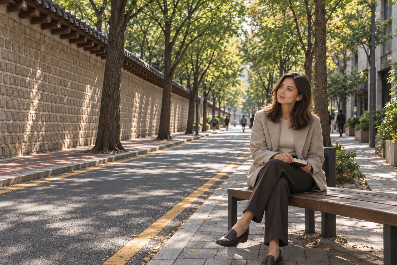道の向かいのベンチに座り、手帳をひざに置いて塀のほうを見ながら小さくほほえむエレナ