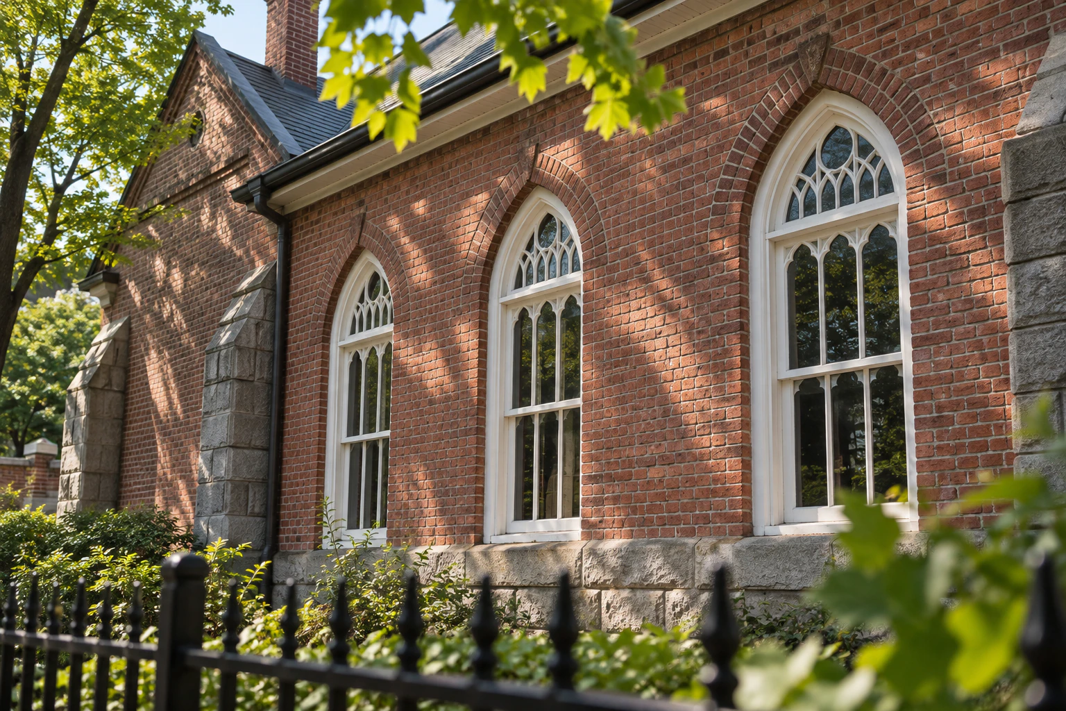 Close view of repeating arched windows in the 1898 red brick above a base of dressed stone — editorial reconstruction.