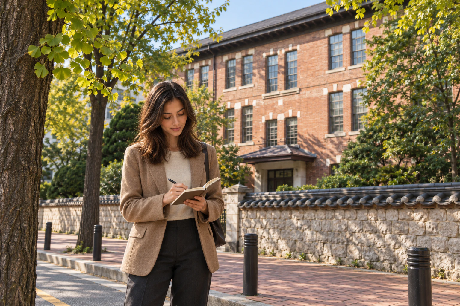 Elena standing before a stone wall, a small notebook open, writing, a red-brick building behind — three-quarter front view.