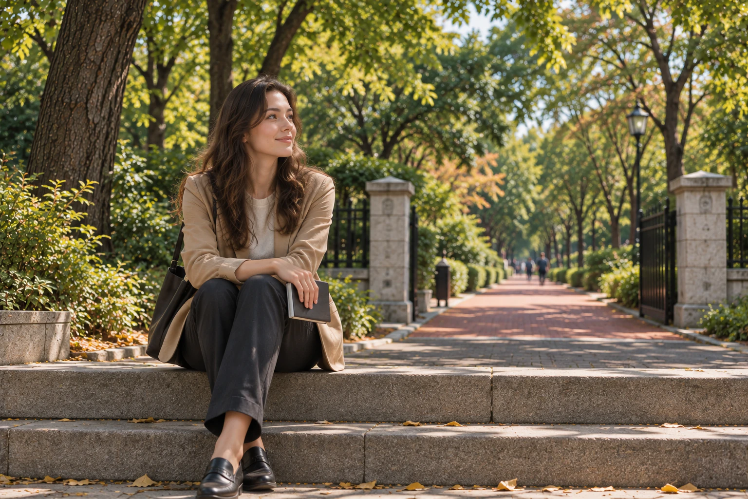 Elena sitting on low stone steps at a park entrance with her closed notebook on her knee, looking to one side and smiling, red path and trees behind.
