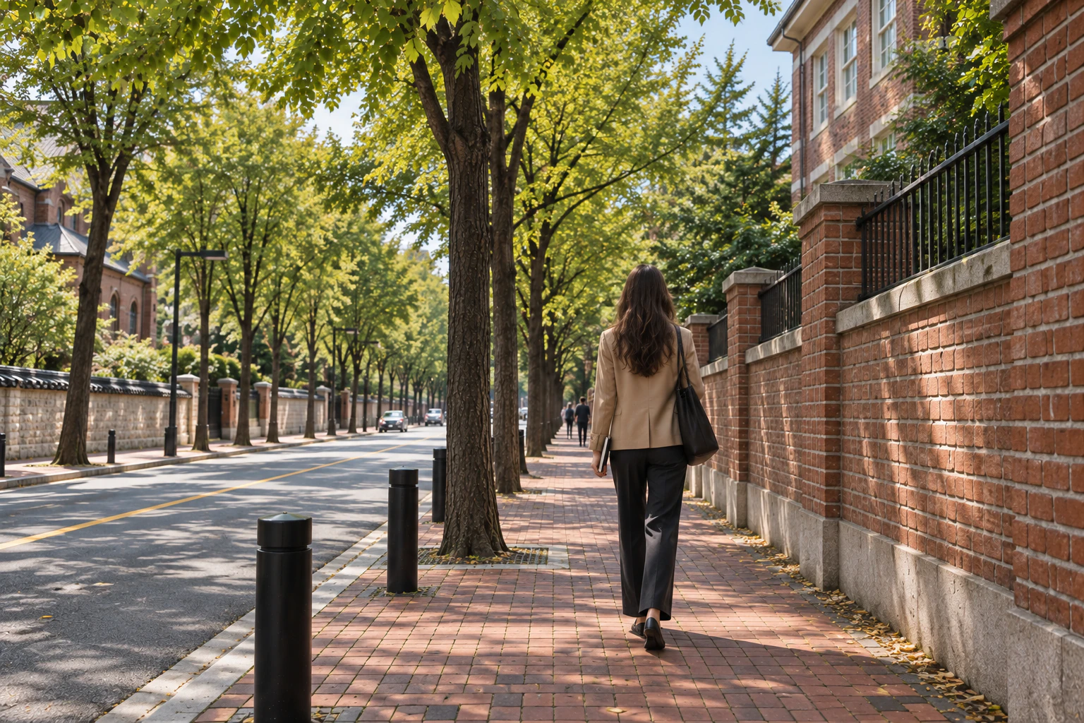Elena, a tall woman with dark chestnut waves, seen from behind walking up a red block pavement under ginkgo trees.