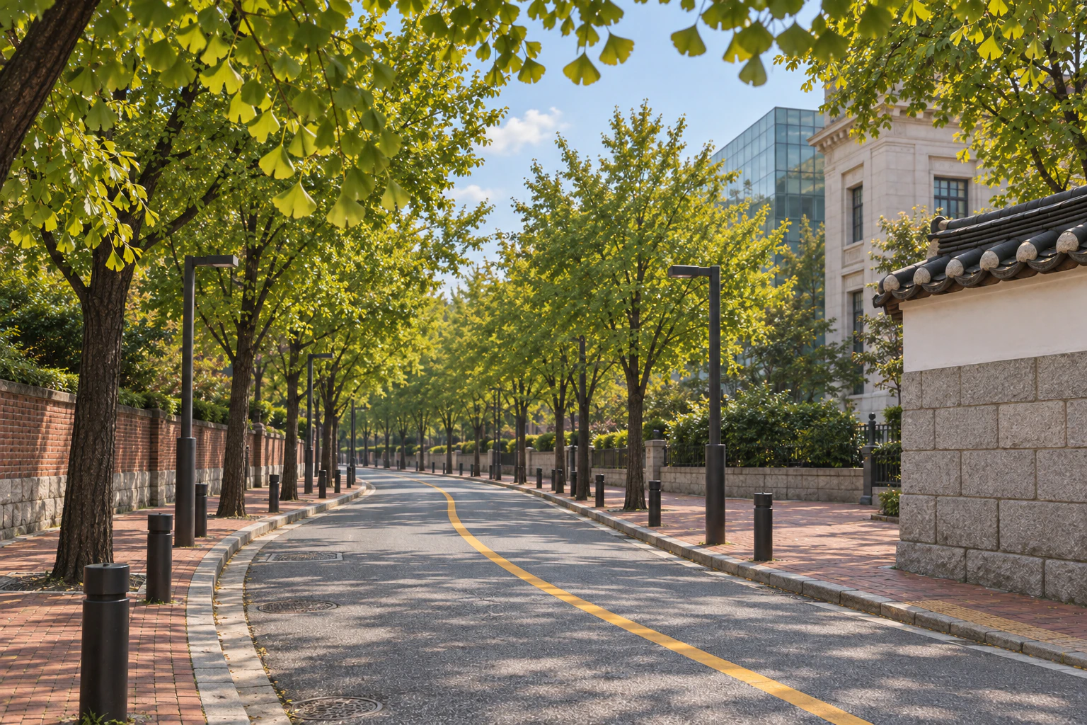 Jeongdong-gil curving north from the corner by the museum, street trees on both sides and red block pavements.