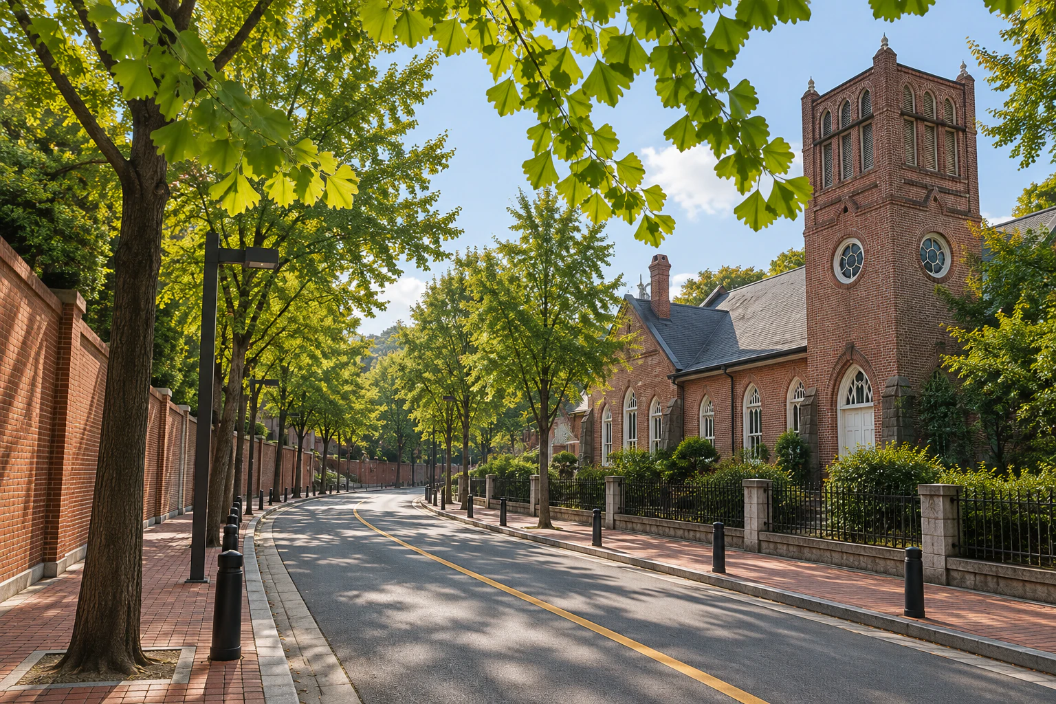 Jeongdong-gil in Seoul, a red-brick church with arched windows showing between ginkgo street trees — editorial reconstruction.