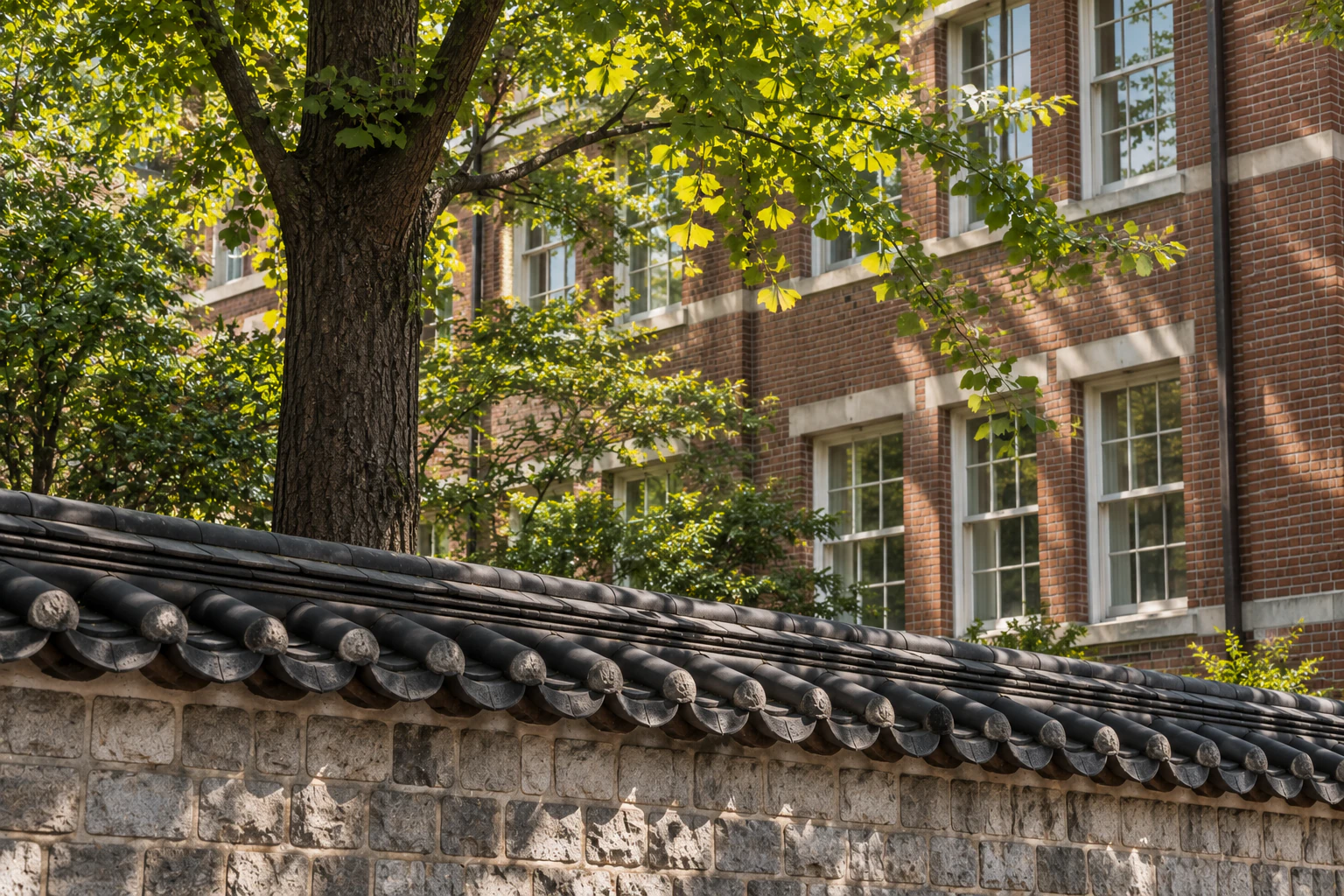 Close view of dark tiles on a stone wall, a red-brick wall with white window frames behind, and a tree between them.