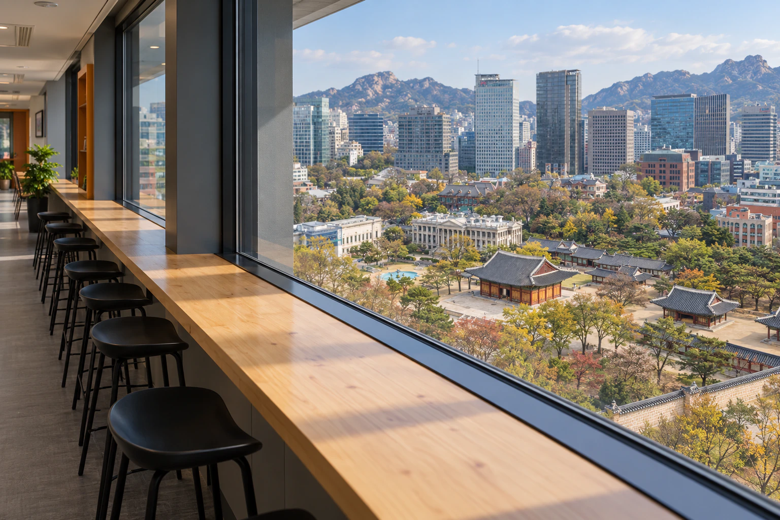 A light-wood bar counter and high stools along a big window, the palace roofs, Seokjojeon, towers and mountains beyond the glass. Editorial image.