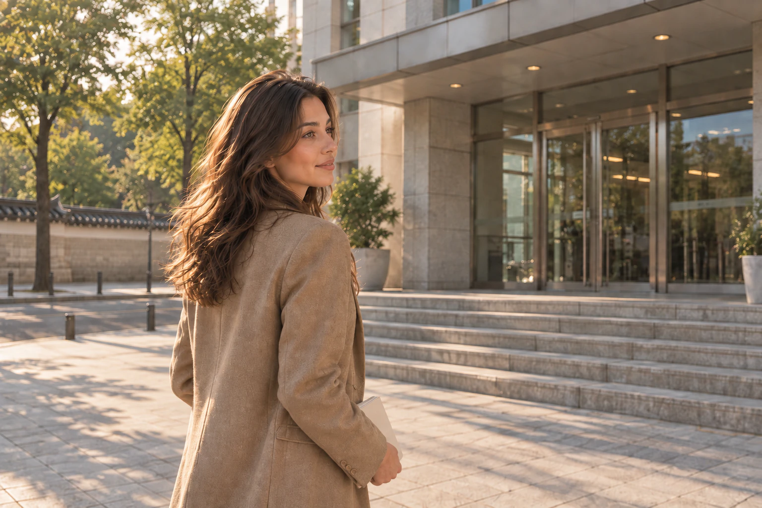 A young woman looking back on the pavement outside a government building’s entrance, camel jacket, afternoon light. Editorial image.