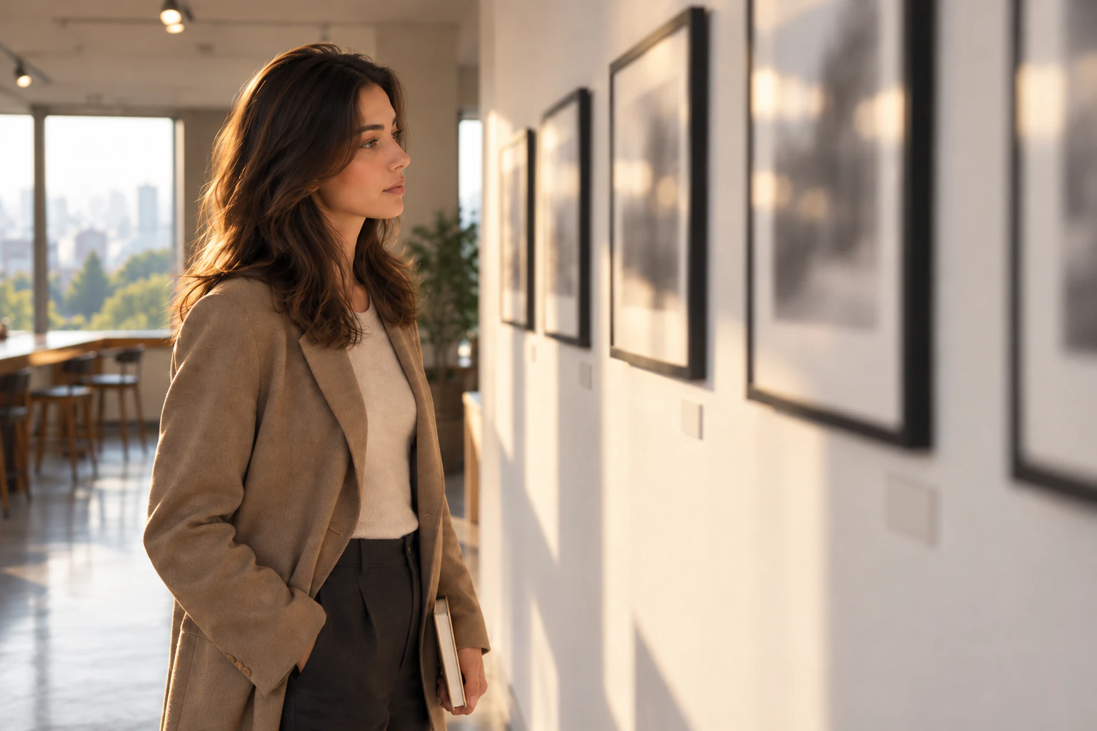 A young woman in profile in front of a wall of black-and-white photographs, dark chestnut waves. Editorial image.