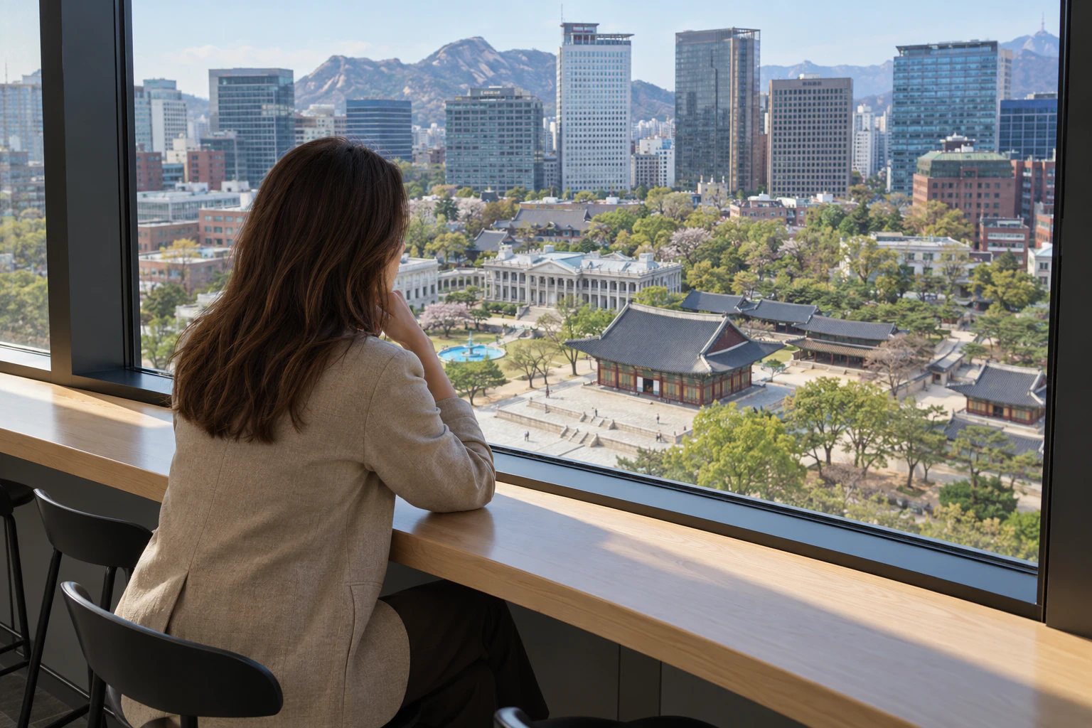 A young woman seen from behind at a window bar counter, light beige jacket, the palace, Seokjojeon and city towers outside. Editorial image.